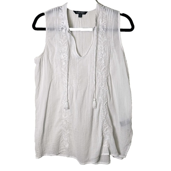 Lauren Ralph Lauren Tops - Lauren Ralph Laure M Petite White Tank Top Cotton Gauze Embroidered Boho Neutral